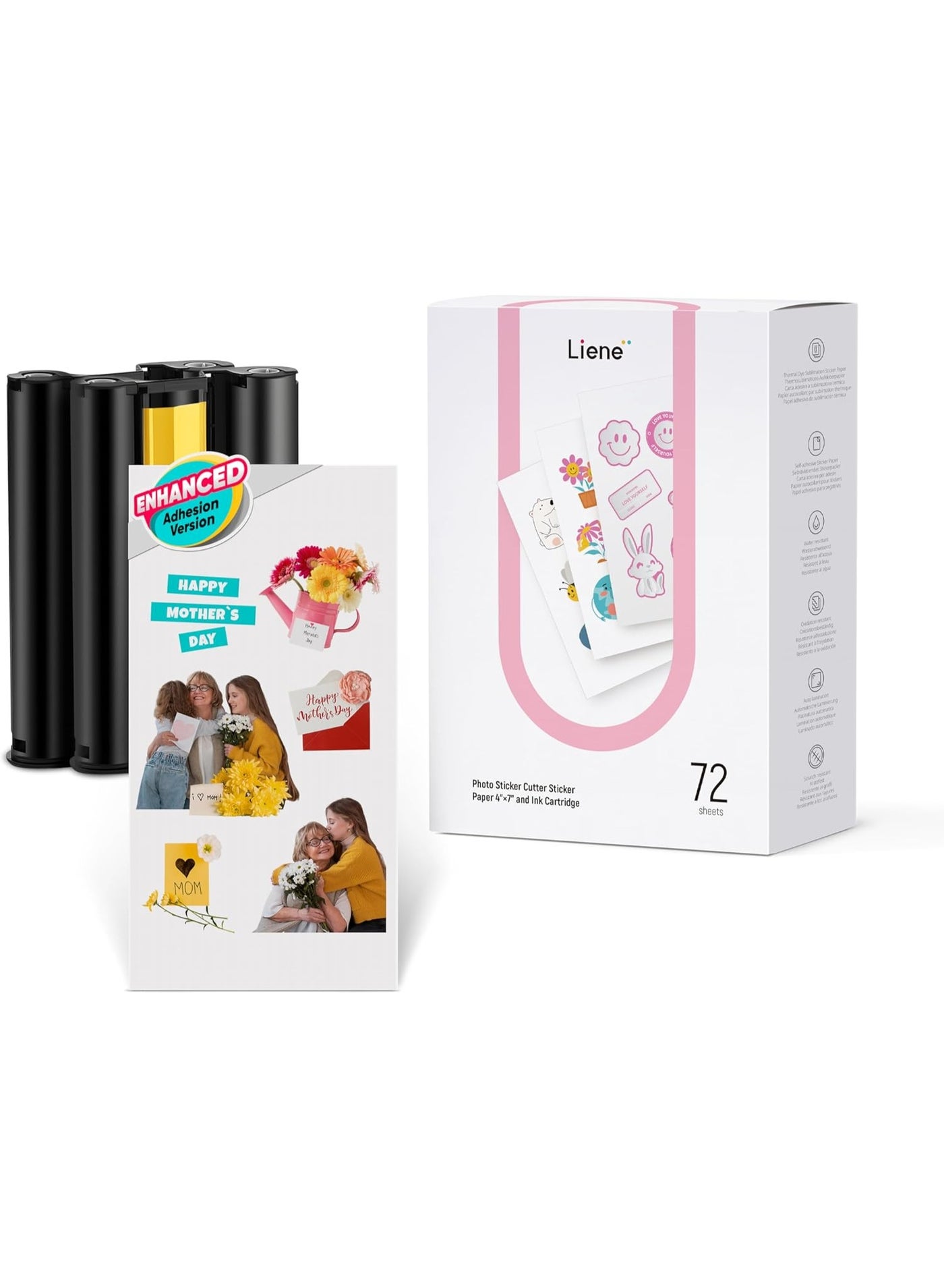 Liene Sticker Paper & Cartridge (Enhanced Adhesion Version) - Includes 2 Ink Cartridge Refills & 72 Sheets of 4x7" Printable Sticker Paper, Dye Sublimation, Compatible Only with Liene PixCut S1