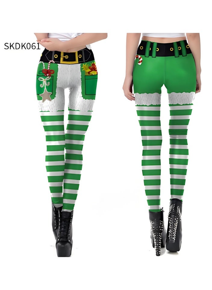 إسكدنيا النساء مطبوعة عيد الميلاد ملابس عالية الخصر عيد الميلاد ضيق العطلة بنطلون رقيقة - Image 2