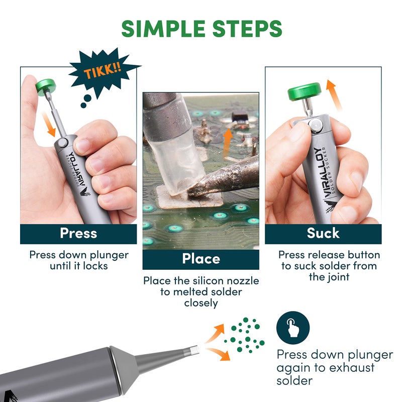 VIRALLOY Solder Sucker Tool No Clog Desoldering Pump Soldering Sucker Perfect Desoldering Tool for Solder Remover with Strong Suction, Heat Resistant Pinecil Nozzle for Smooth Inrush - Image 4