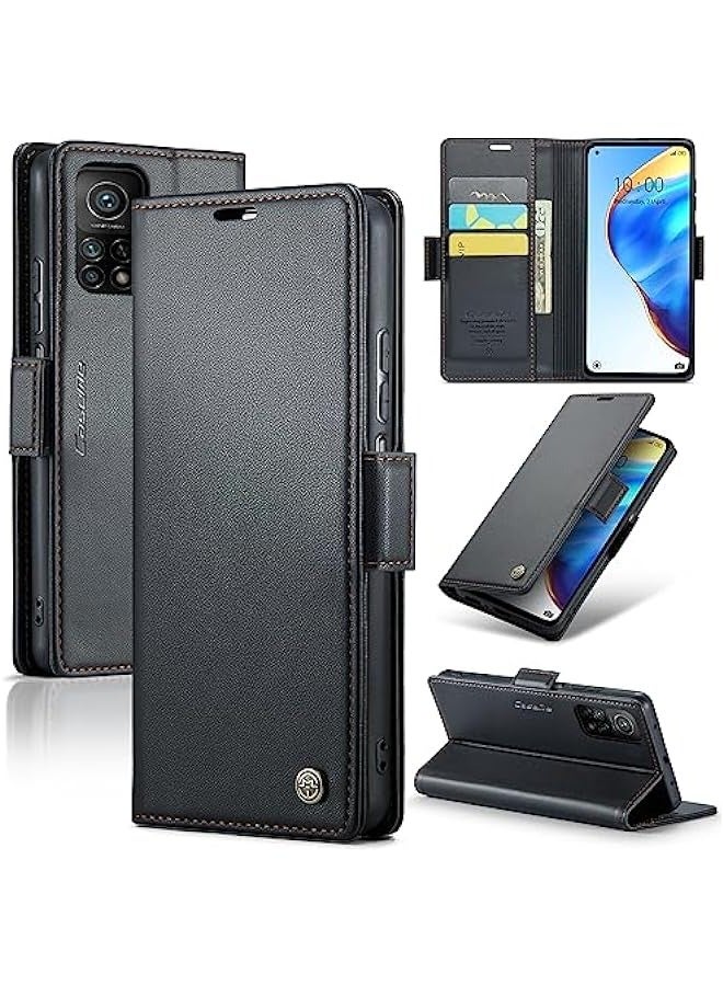 RFID Blocking Case for Xiaomi 10T 5G\/ Xiaomi 10T Pro 5G - Durable Leather Flip Case with Card Holder, Kickstand, Magnetic Closure - Shockproof - Black - Image 1