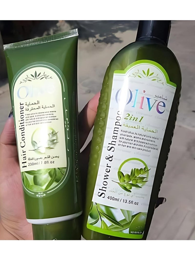 ROUSHUN Olive Oil Hair Conditioner & 2 in 1 Shower Shampoo Set (230ml + 400ml) Hydrating Nourishing Moisturizing Shower Shampoo and conditioner Hair Care Set for Women & Men  - Image 2