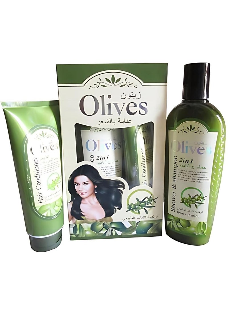 ROUSHUN Olive Oil Hair Conditioner & 2 in 1 Shower Shampoo Set (230ml + 400ml) Hydrating Nourishing Moisturizing Shower Shampoo and conditioner Hair Care Set for Women & Men  - Image 1