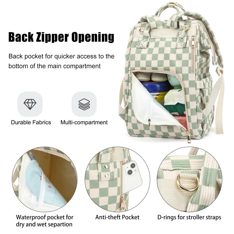 Dezcrab Baby Diaper Bag Backpack for Mom, Large Capacity Travel Nappy Bag for Boys & Girls with Stroller Straps (Corduroy Checkered Green) - Image 4