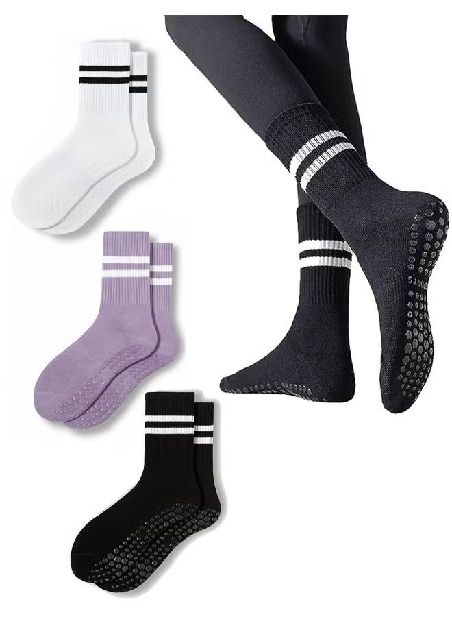 DTBG Non Slip Socks Women Fashion All Season Socks Sports Casual Simple Striped Colors for Pilates Yoga Barre Ballet Dance Fitness Football Hospital Mid-Tube Socks Free Size 3-Pair - Image 1
