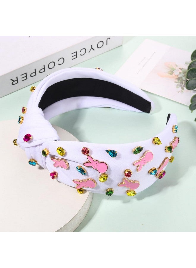 NVENF Easter Headband For Women Beaded Easter Rabbit Bunny Headband White Pink Crystal Pearl Knotted Headband Happy Easter Hair Accessories Spring Holiday Headwear Outfits Gifts (Bunny C - White) - Image 4