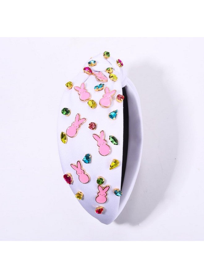 NVENF Easter Headband For Women Beaded Easter Rabbit Bunny Headband White Pink Crystal Pearl Knotted Headband Happy Easter Hair Accessories Spring Holiday Headwear Outfits Gifts (Bunny C - White) - Image 5
