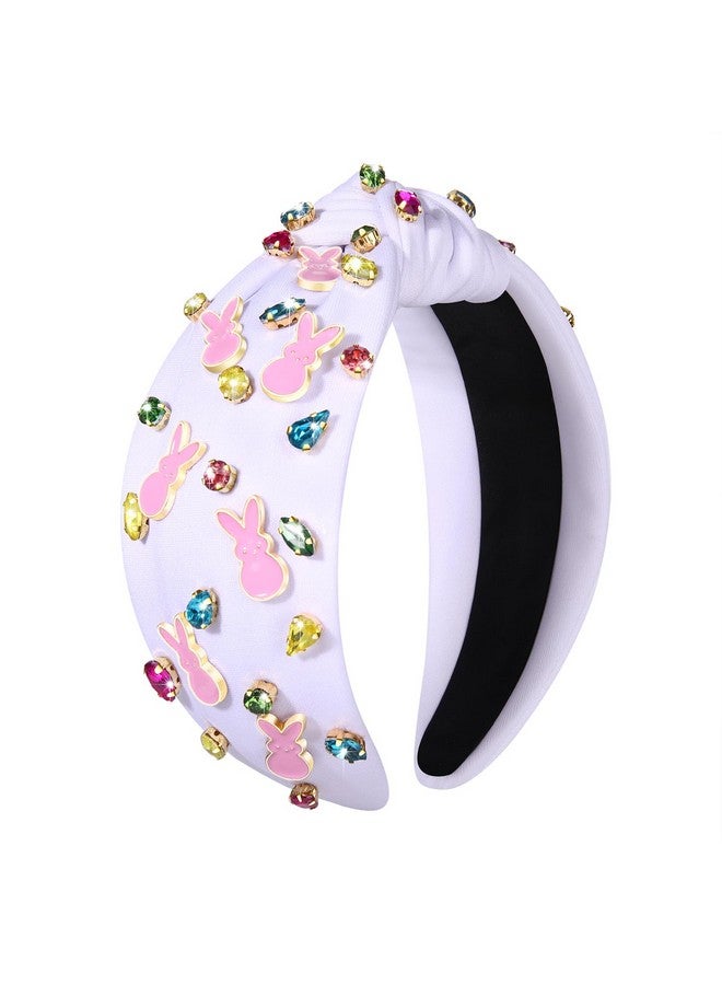 NVENF Easter Headband For Women Beaded Easter Rabbit Bunny Headband White Pink Crystal Pearl Knotted Headband Happy Easter Hair Accessories Spring Holiday Headwear Outfits Gifts (Bunny C - White) - Image 1