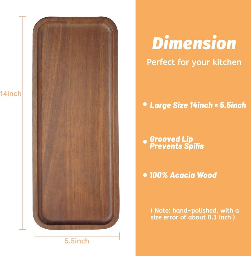 HOMKULA Solid Acacia Wood Serving Trays and Platters  Wooden Mini Charcuterie Boards Rectangle Small Cheese Board for Food Bathroom Home Decor Kitchen Counter 14x55 1 Pack - Image 2
