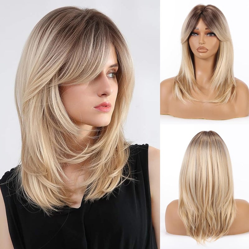 Allbell Mixed Blonde Wig with Fringe for Women Medium Length Layered Blonde Straight Wig with Curtain Bangs Short Wig with Dark Roots Synthetic Heat Resistant Fiber Wigs for Daily Use