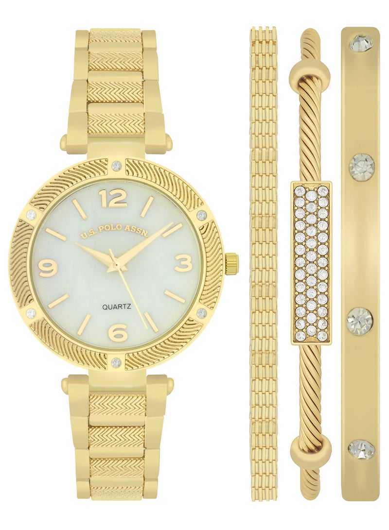 يو اس بولو اسن طقم ساعة كوارتز أنالوج مطلية بالذهب مع سوار للنساء - Image 1