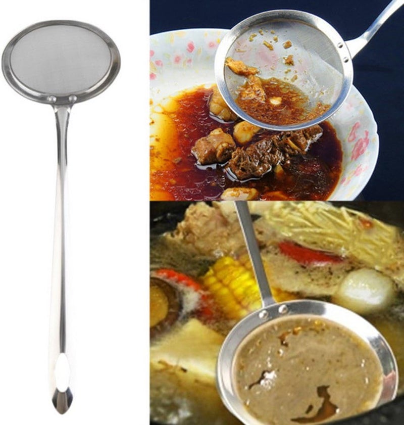 ويوبلز مصفاة طعام ممتازة من الفولاذ المقاوم للصدأ بشبكة دقيقة، مزودة بمقبض طويل على شكل ملعقة وخطاف للتعليق، تستخدم لغربلة الدقيق، وغسل الخضراوات، وجلب الشاي، وتصفية العصير أو القهوة (قطعة واحدة). - Image 1