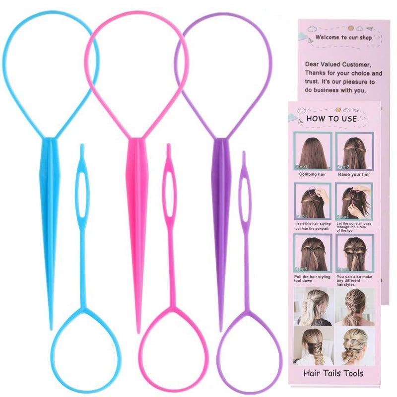 ZTRHYOO 6pcs Pony Hair Tail Tools Hair Loop Styling Tool French Braiding Hair Tool Hair Braid Accessories Ponytail Maker for Women Girls Ponytail Hair Pull Through Tool 2pink2blue2purple