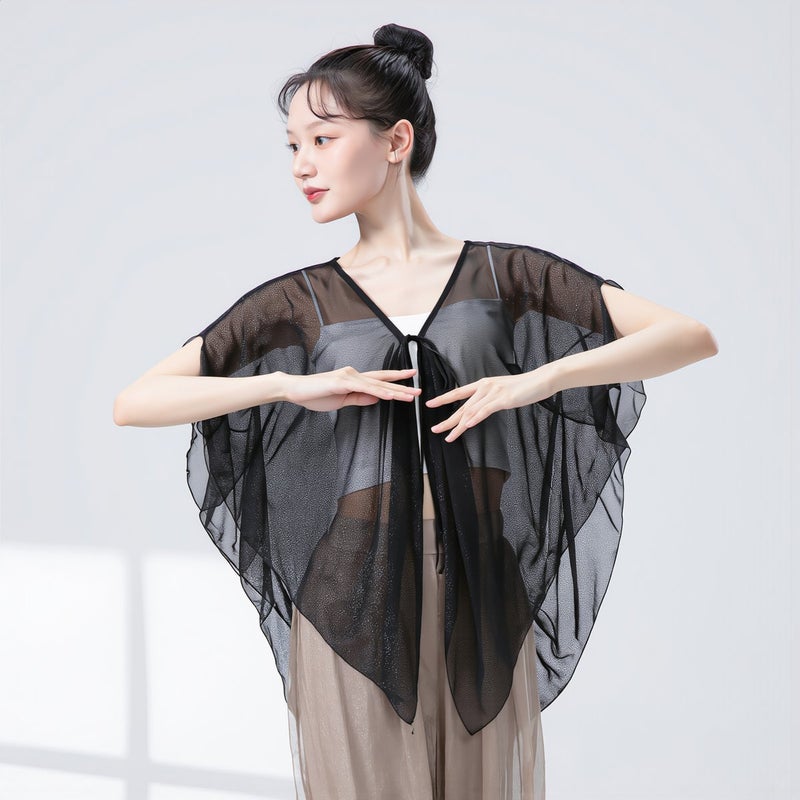 Sheer Gauze Dance Top Batwing Sleeve Soft Breathable Practice Shirt Black M - Image 3