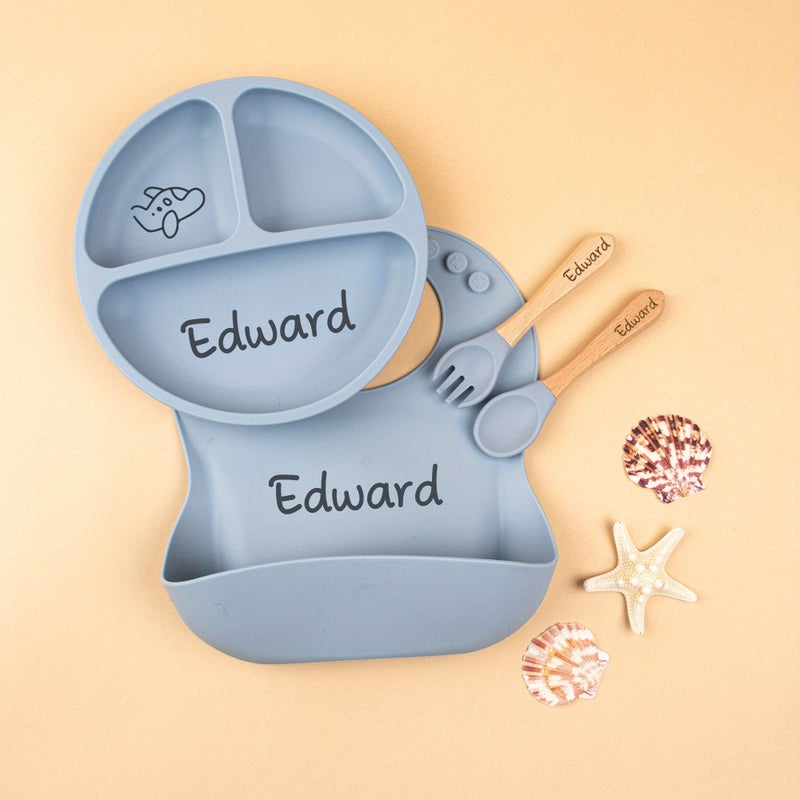 Personalized Custom Silicone Weaning Set 4 Pcs Gray Style 3 Cartoon Feeding Set for Toddler Baby Kids with Name Plate Baby Gift - Image 2