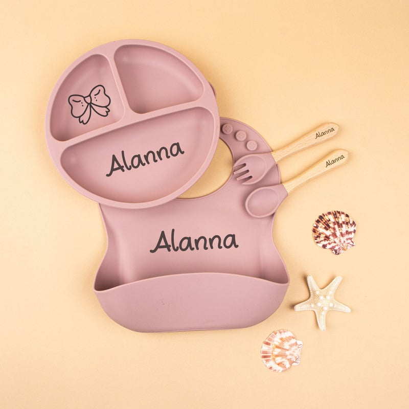 Personalized Custom Silicone Weaning Set 4 Pcs Gray Style 3 Cartoon Feeding Set for Toddler Baby Kids with Name Plate Baby Gift - Image 3