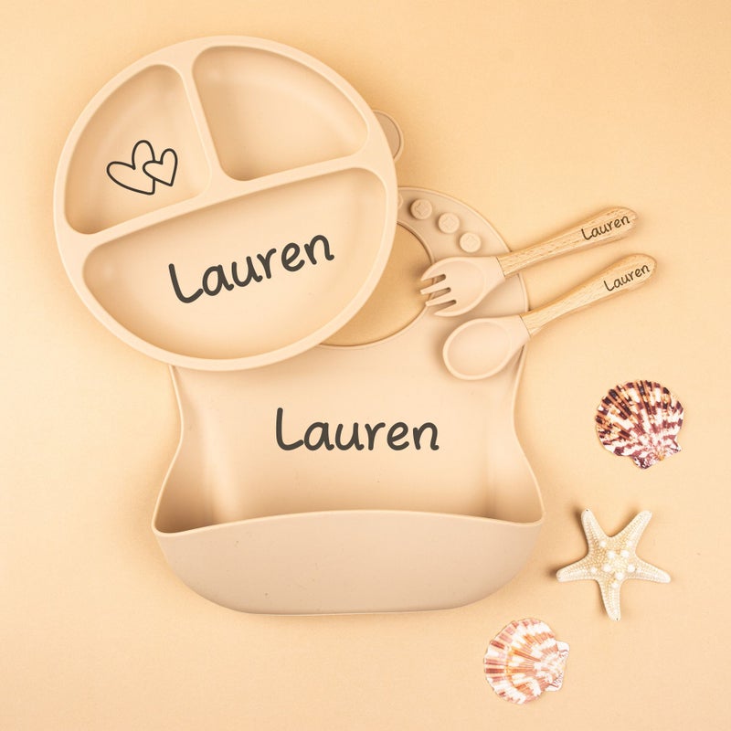 Personalized Custom Silicone Weaning Set 4 Pcs Gray Style 3 Cartoon Feeding Set for Toddler Baby Kids with Name Plate Baby Gift - Image 1