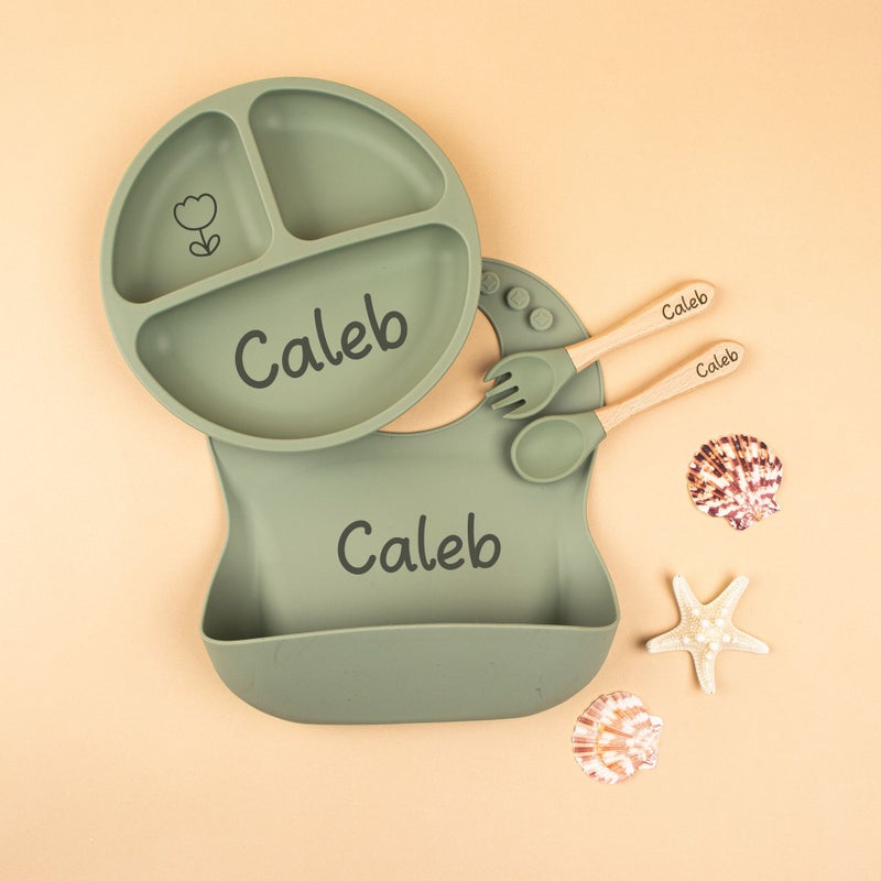 Personalized Custom Silicone Weaning Set 4 Pcs Gray Style 3 Cartoon Feeding Set for Toddler Baby Kids with Name Plate Baby Gift - Image 5