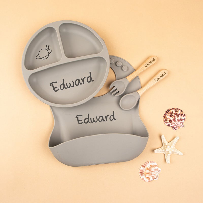 Personalized Custom Silicone Weaning Set 4 Pcs Gray Style 3 Cartoon Feeding Set for Toddler Baby Kids with Name Plate Baby Gift - Image 4