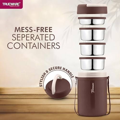 Trueware Plastic Grub 4 Double Wall Insulated Hot Lunch Box With 3 SS Container 300 Ml Each & 1 SS Container 200Ml | BPA Free | Food Grade | Hot And Fresh Many Hours (Extra Large, Brown) - Image 5
