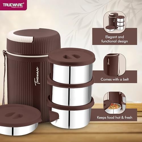 Trueware Plastic Grub 4 Double Wall Insulated Hot Lunch Box With 3 SS Container 300 Ml Each & 1 SS Container 200Ml | BPA Free | Food Grade | Hot And Fresh Many Hours (Extra Large, Brown) - Image 4
