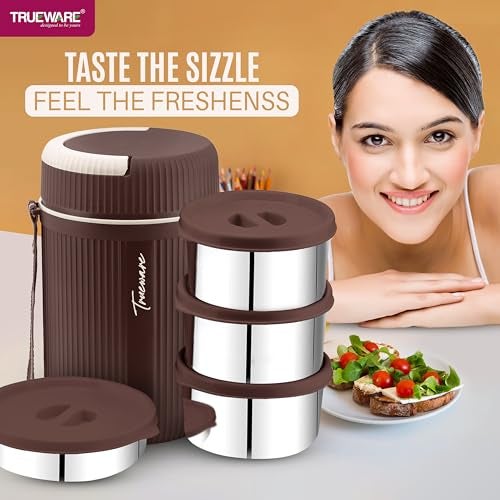 Trueware Plastic Grub 4 Double Wall Insulated Hot Lunch Box With 3 SS Container 300 Ml Each & 1 SS Container 200Ml | BPA Free | Food Grade | Hot And Fresh Many Hours (Extra Large, Brown) - Image 2
