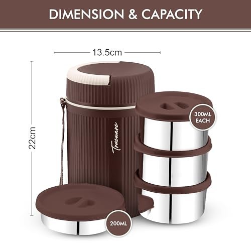 Trueware Plastic Grub 4 Double Wall Insulated Hot Lunch Box With 3 SS Container 300 Ml Each & 1 SS Container 200Ml | BPA Free | Food Grade | Hot And Fresh Many Hours (Extra Large, Brown) - Image 3