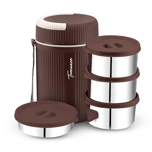 Trueware Plastic Grub 4 Double Wall Insulated Hot Lunch Box With 3 SS Container 300 Ml Each & 1 SS Container 200Ml | BPA Free | Food Grade | Hot And Fresh Many Hours (Extra Large, Brown) - Image 1
