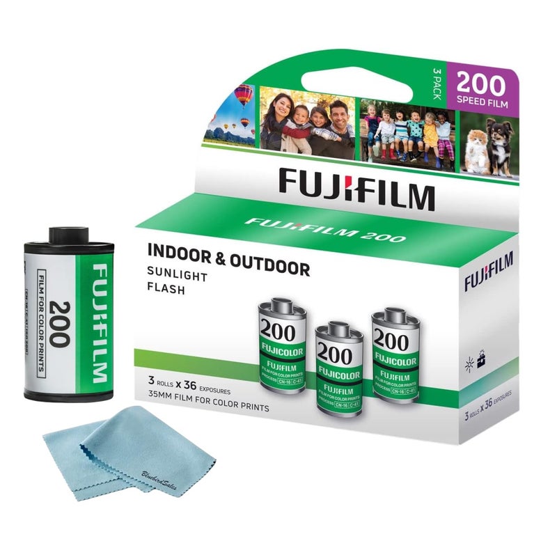 FUJIFILM 200 Color Negative Film (35mm Roll Film, 36 Exposures, 3-Pack) + BluebirdSales Microfiber Cleaning Cloth Bundle - Image 1