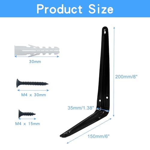 Zorfeter 10 Pcs Shelf Brackets 8 x 6 Inch Black Shelving Brackets Heavy Duty L Bracket Support Floating Shelf Bracket for Shelves Wall Mount Corner Brace for Wood Boards - Image 3