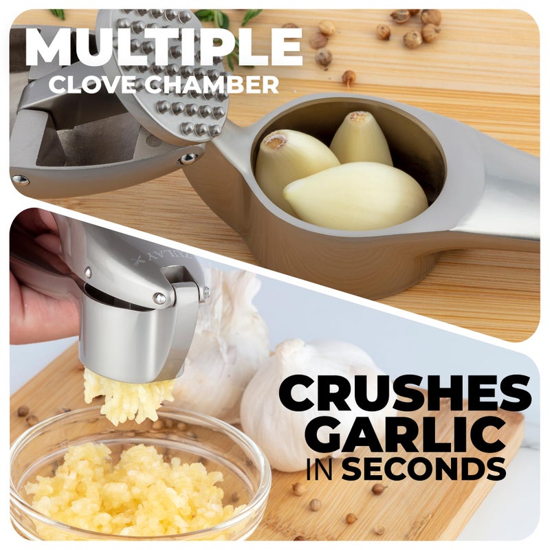Zulay Kitchen Premium Garlic Press Set â€“ Rust Proof & Dishwasher Safe Garlic Mincer Tool with Silicone Garlic Peeler & Brush, Easy Squeeze & Clean, Ergonomic Soft Grip Handle - Medium â€“ Silver - Image 4