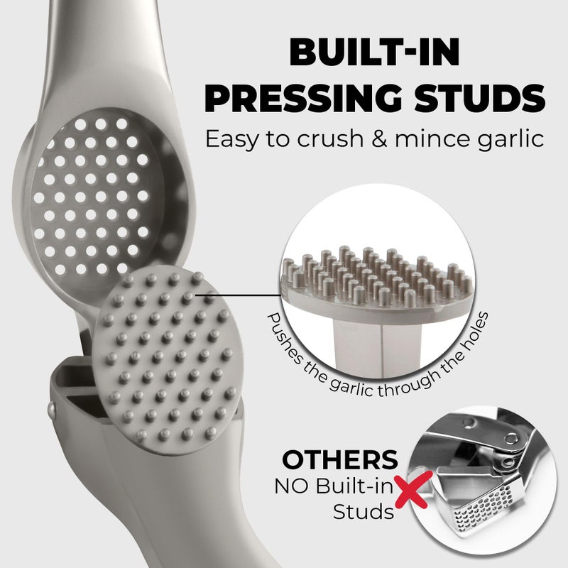 Zulay Kitchen Premium Garlic Press Set â€“ Rust Proof & Dishwasher Safe Garlic Mincer Tool with Silicone Garlic Peeler & Brush, Easy Squeeze & Clean, Ergonomic Soft Grip Handle - Medium â€“ Silver - Image 3