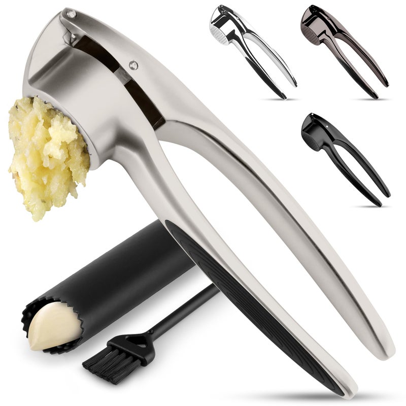 Zulay Kitchen Premium Garlic Press Set â€“ Rust Proof & Dishwasher Safe Garlic Mincer Tool with Silicone Garlic Peeler & Brush, Easy Squeeze & Clean, Ergonomic Soft Grip Handle - Medium â€“ Silver - Image 1