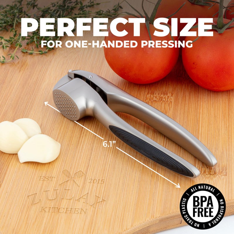 Zulay Kitchen Premium Garlic Press Set â€“ Rust Proof & Dishwasher Safe Garlic Mincer Tool with Silicone Garlic Peeler & Brush, Easy Squeeze & Clean, Ergonomic Soft Grip Handle - Medium â€“ Silver - Image 2