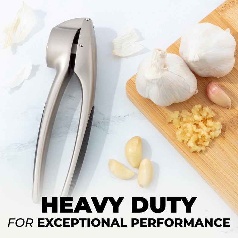 Zulay Kitchen Premium Garlic Press Set â€“ Rust Proof & Dishwasher Safe Garlic Mincer Tool with Silicone Garlic Peeler & Brush, Easy Squeeze & Clean, Ergonomic Soft Grip Handle - Medium â€“ Silver - Image 5