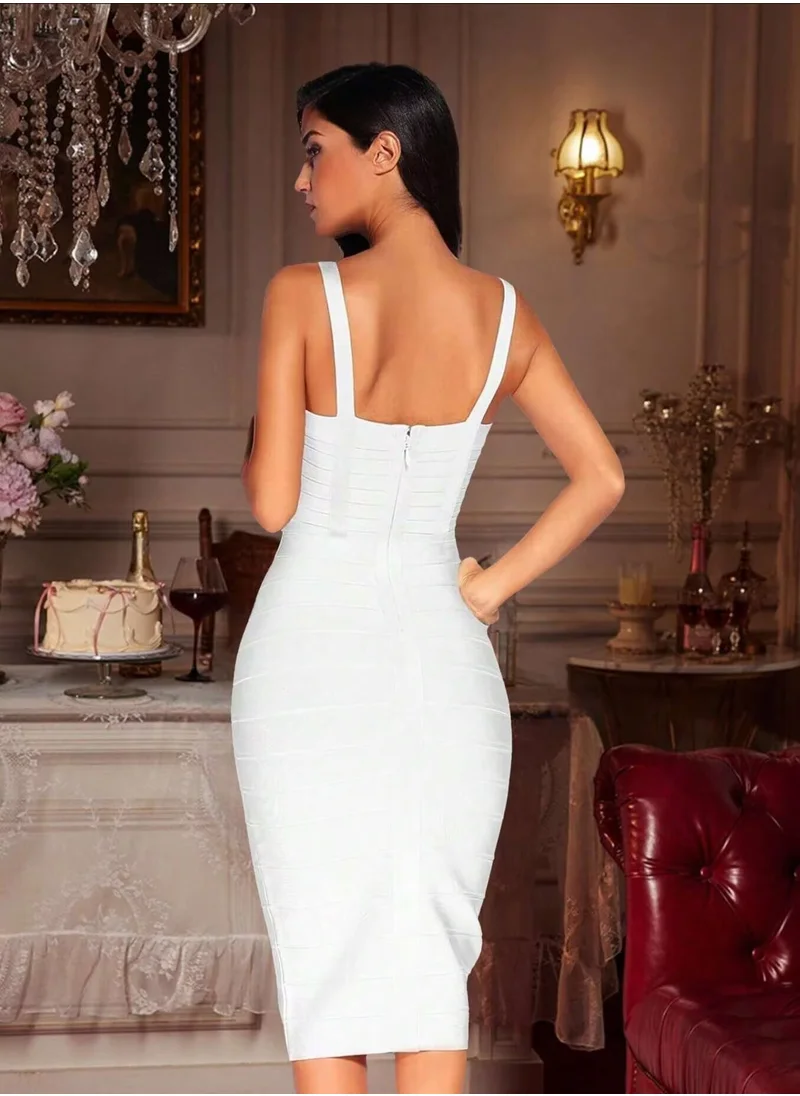 Madam Uniq Women's Solid Color Strap Wrap Hip Waist Bandage Midi Bodycon White Dress