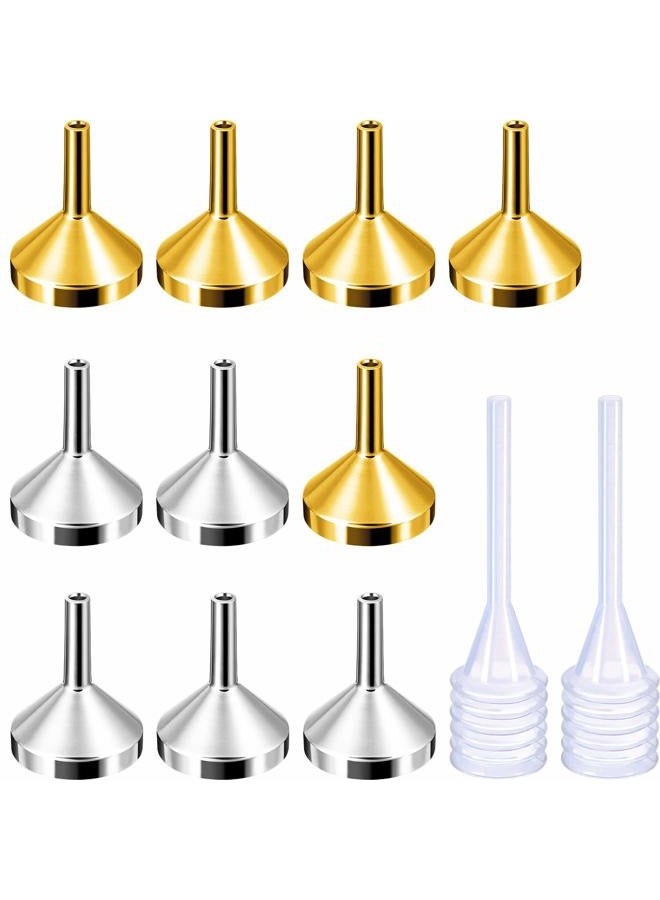TecUnite 10 Pack Small Metal Funnels with 2 Pack Mini Pipette for Filling Small Mini Bottles or Containers, Atomizers, Perfume, Liquid (Silver and Gold) - Image 1