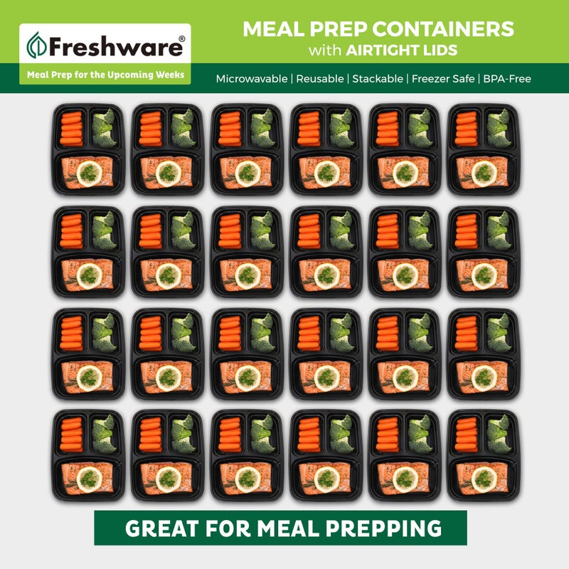Freshware Meal Prep Containers 21 Count (Pack of 1), 3 Compartment with Lids, Food Storage Containers, Bento Box, Stackable, Microwave/Dishwasher/Freezer Safe (24 oz) - Image 3
