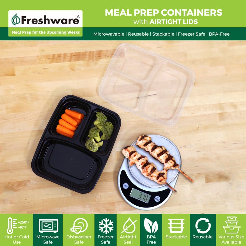 Freshware Meal Prep Containers 21 Count (Pack of 1), 3 Compartment with Lids, Food Storage Containers, Bento Box, Stackable, Microwave/Dishwasher/Freezer Safe (24 oz) - Image 2
