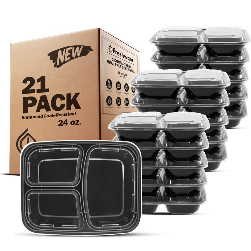 Freshware Meal Prep Containers 21 Count (Pack of 1), 3 Compartment with Lids, Food Storage Containers, Bento Box, Stackable, Microwave/Dishwasher/Freezer Safe (24 oz) - Image 1