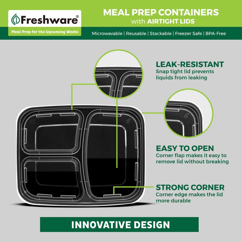 Freshware Meal Prep Containers 21 Count (Pack of 1), 3 Compartment with Lids, Food Storage Containers, Bento Box, Stackable, Microwave/Dishwasher/Freezer Safe (24 oz) - Image 5