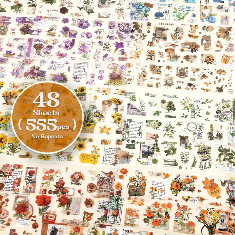RISYPISY 48 sheets/555pcs Journaling Stickers Vintage Floral Botanical Scrapbook Sticker Small Transparent Cottage core Waterproof Decals for Planner, Bullet Journal, Card Making, Collage - Image 2