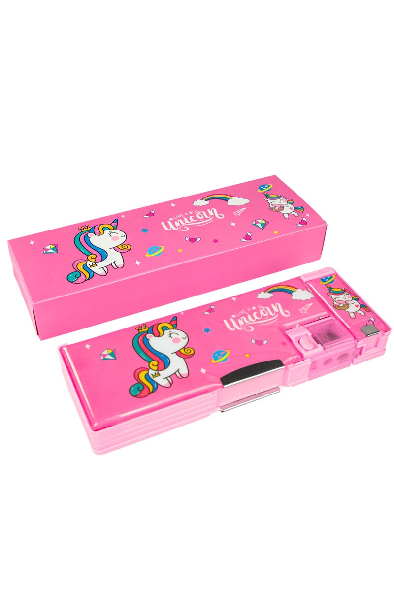 علبة أقلام متعددة الوظائف للبنات والأولاد، علبة أقلام كرتونية لطيفة لتنظيم الأدوات المكتبية مزودة بمبراة وجدول، مستلزمات مدرسية، أفضل هدايا عيد ميلاد للأطفال، مع علبة هدية باللون الوردي. - Image 1