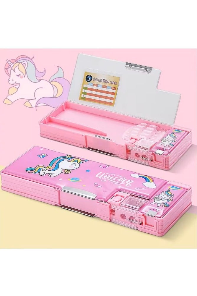 علبة أقلام متعددة الوظائف للبنات والأولاد، علبة أقلام كرتونية لطيفة لتنظيم الأدوات المكتبية مزودة بمبراة وجدول، مستلزمات مدرسية، أفضل هدايا عيد ميلاد للأطفال، مع علبة هدية باللون الوردي. - Image 2