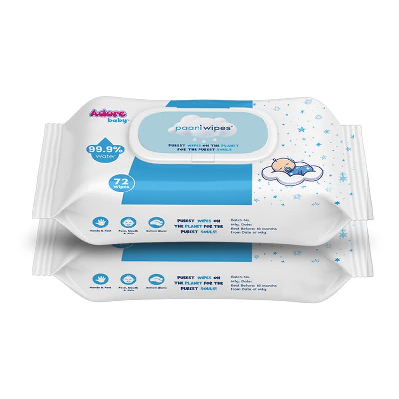 Adore Baby Water Wipes - 99.9% Paani Wipes for Baby, PH Balanced, Unscented & Skin Friendly With Sensitive Skin - 72 Count, Water Wipes, Pack Of 2 - Image 1