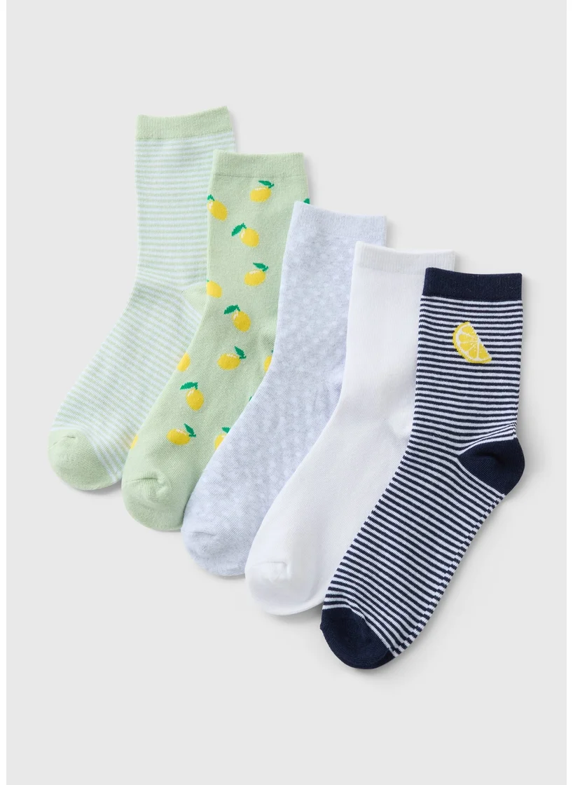 Matalan 5 Pack White Lemon Design Socks