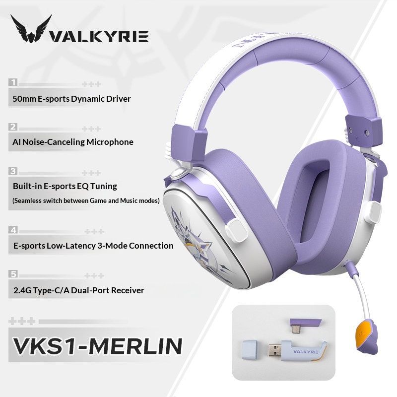 Valkyrie VK S1 Wireless Gaming Headset 3-Mode Bluetooth HiFi 50mm Large Dynamic Drivers, Lilac - Image 1