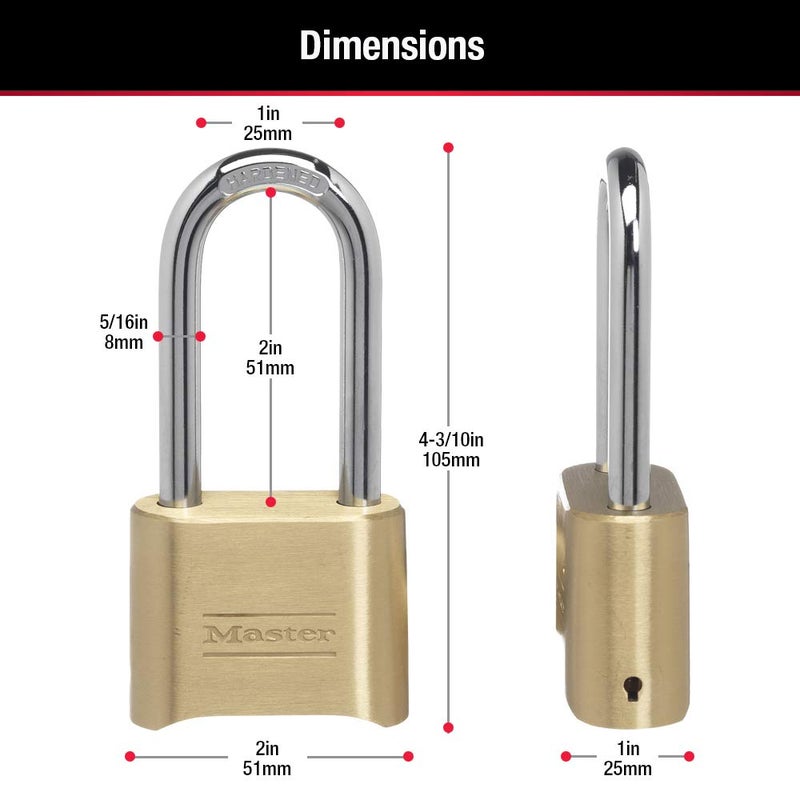 Master Lock Brass Combination Lock, Gate Lock for Outdoor Fence or Shed, Customizable Combination Padlock with Extended 2-1/4-Inch-Long Shackle, 175DLH - Image 5