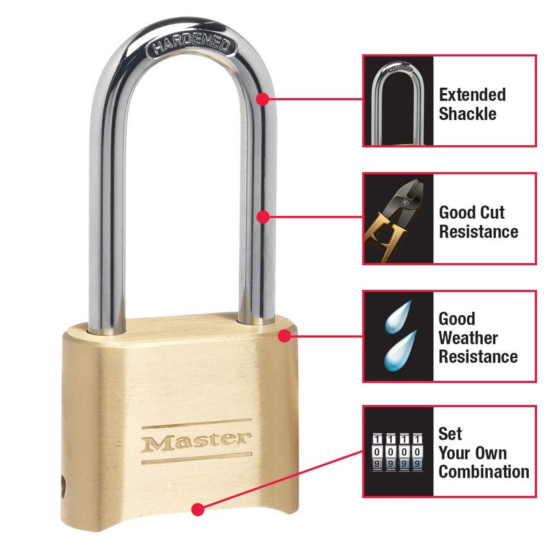 Master Lock Brass Combination Lock, Gate Lock for Outdoor Fence or Shed, Customizable Combination Padlock with Extended 2-1/4-Inch-Long Shackle, 175DLH - Image 1