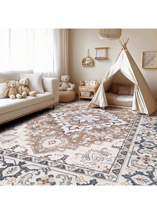 Lofus 9x12 Area Rugs for Living Room, Washable Area Rug, Rugs for Bedroom, Kitchen, Vintage Boho Carpet, Soft Non-Slip, Low Pile Large Area Rug for Office Dining Room, Floral Brown - Image 3
