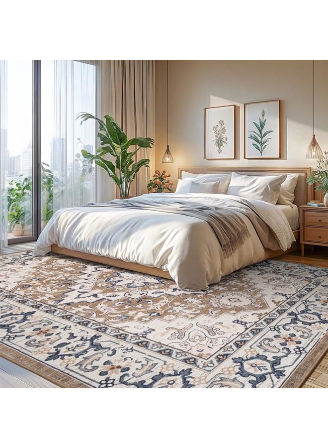 Lofus 9x12 Area Rugs for Living Room, Washable Area Rug, Rugs for Bedroom, Kitchen, Vintage Boho Carpet, Soft Non-Slip, Low Pile Large Area Rug for Office Dining Room, Floral Brown - Image 2